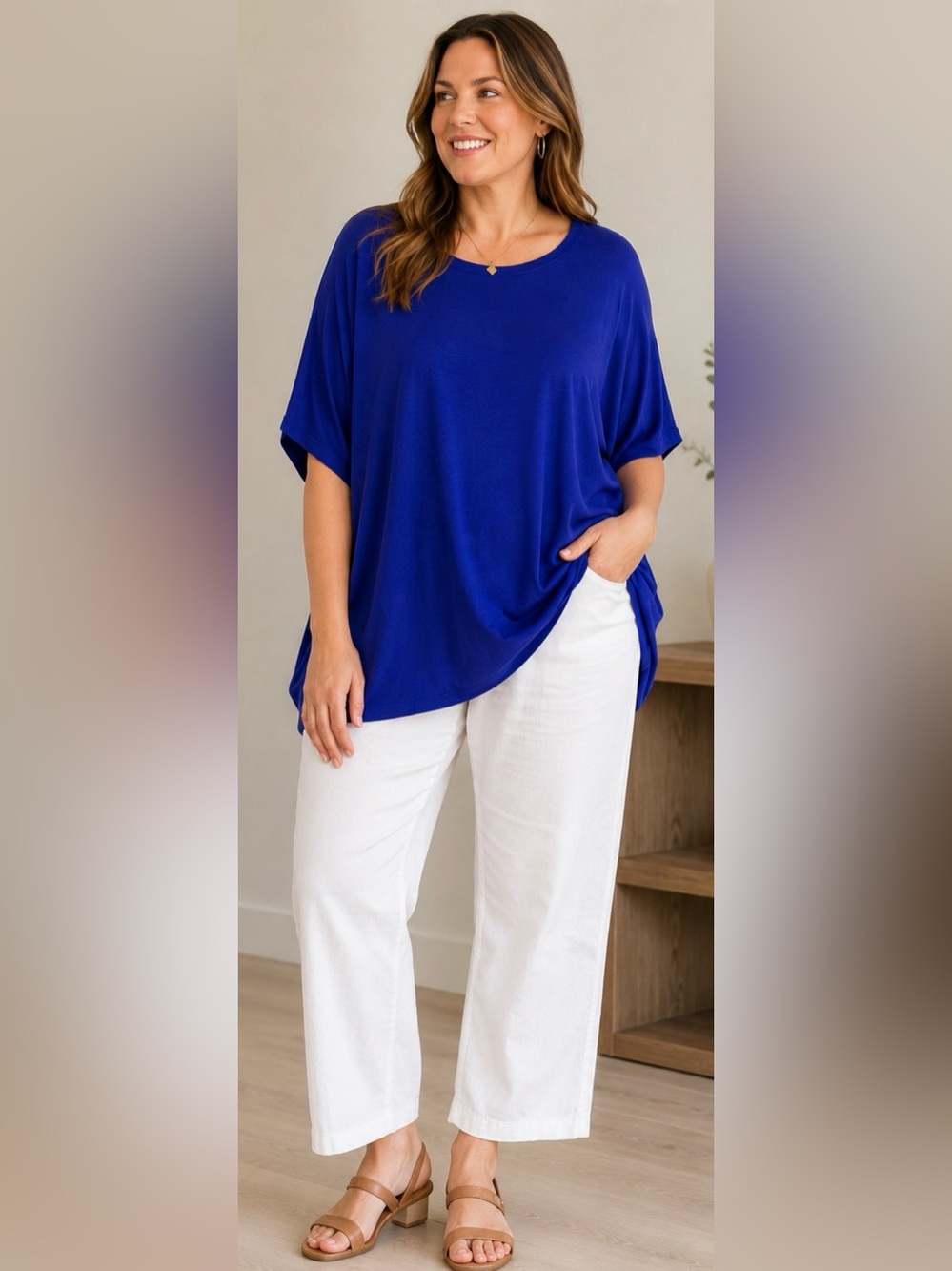 Eileen Fisher XL Cobalt Blue Tencel Stretch Dolman Batwing Oversized Top